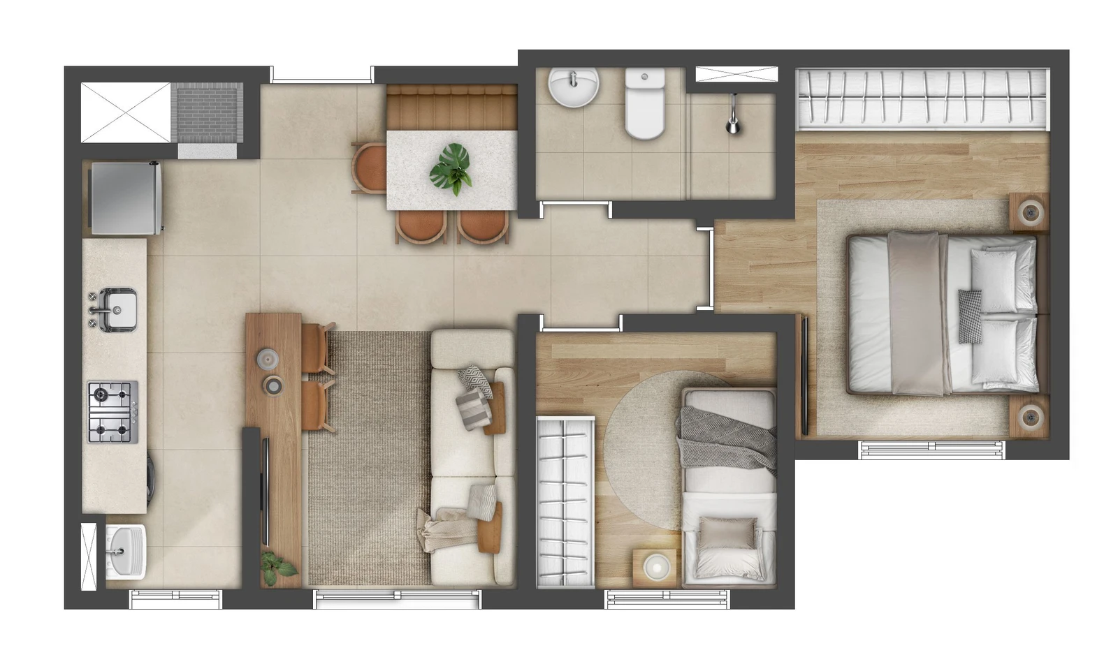 Planta Apto 2 dormitórios 43 m2